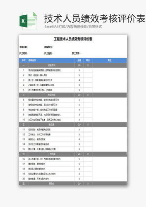 工程技术人员绩效考核评价表EXCEL模板