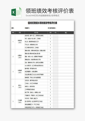 经理组长领班绩效考核评价表EXCEL模板