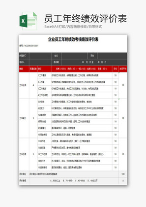 员工年终绩效考核绩效评价表EXCEL模板