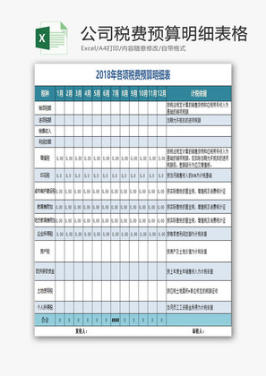 公司税费预算明细表格EXCEL模板