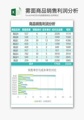 雾面商品销售利润分析excel模板