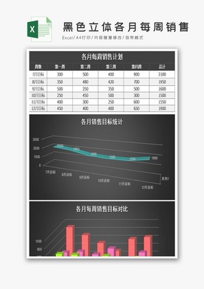 黑色立体各月每周销售计划表excel模板