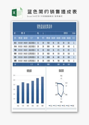 蓝色简约销售提成表excel模板