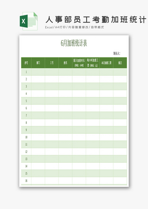 人事部员工考勤加班统计表Excel模板