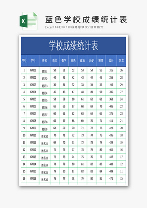 蓝色学校成绩统计表EXCEL模版