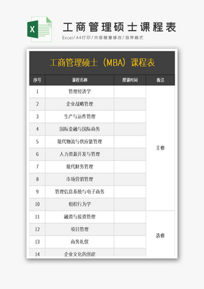 工商管理硕士（MBA）课程表excel