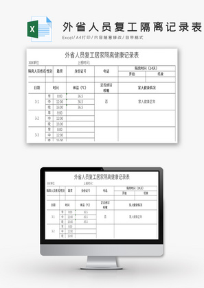 外省人员复工居家隔离记录表Excel模板
