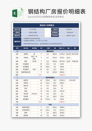 钢结构厂房报价明细Excel模板