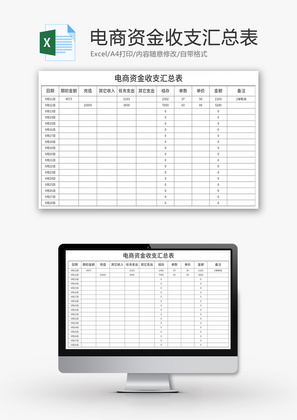 电商资金收支汇总表Excel模板