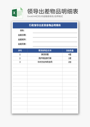 行政领导出差准备物品明细表Excel模板