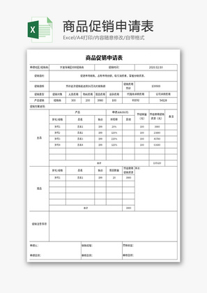 商品促销申请表Excel模板