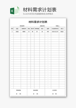 材料需求计划表Excel模板