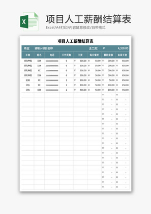 项目人工薪酬结算表Excel模板