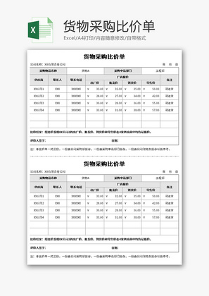 货物采购比价单Excel模板