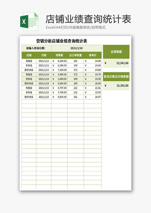 营销分析店铺业绩查询统计表Excel模板