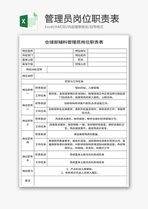 仓储部辅料管理员岗位职责表Excel模板