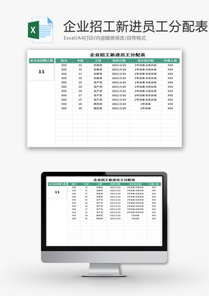 企业招工新进员工分配表Excel模板