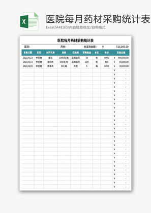 医院每月药材采购统计表Excel模板