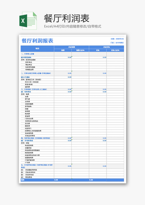 餐厅利润报表Excel模板