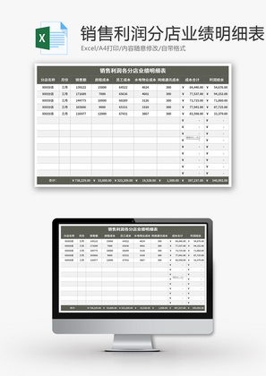 销售利润各分店业绩明细表Excel模板