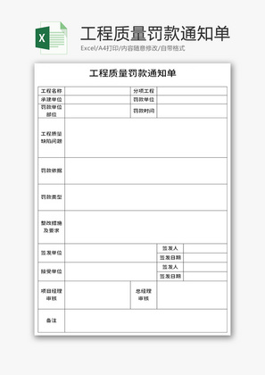 工程质量罚款通知单Excel模板