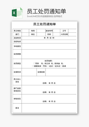 员工处罚通知单Excel模板