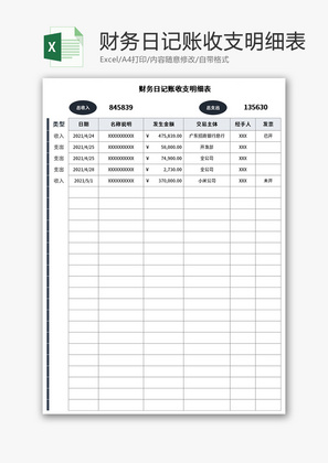 财务日记账收支明细表Excel模板