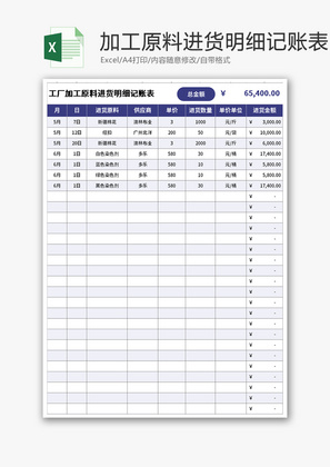 工厂加工原料进货明细记账表Excel模板