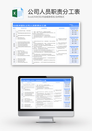 技术团队公司人员职责分工表Excel模板