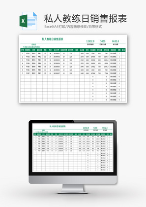 私人教练日销售报表Excel模板