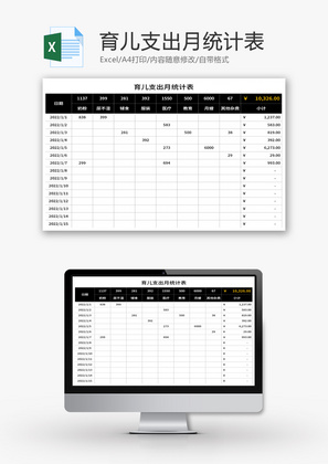 育儿支出月统计表Excel模板