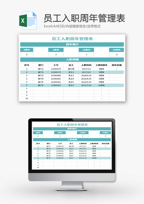 员工入职周年管理表Excel模板