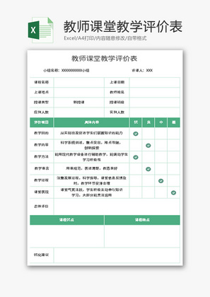 教师课堂教学评价表Excel模板