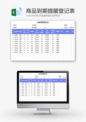 商品到期提醒登记表Excel模板