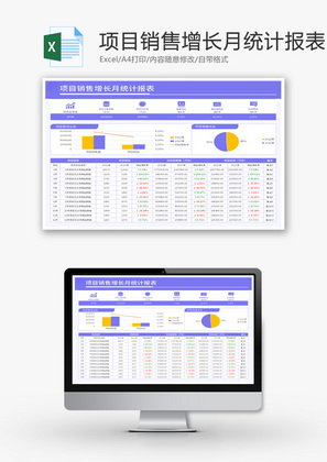 项目销售增长月统计报表Excel模板