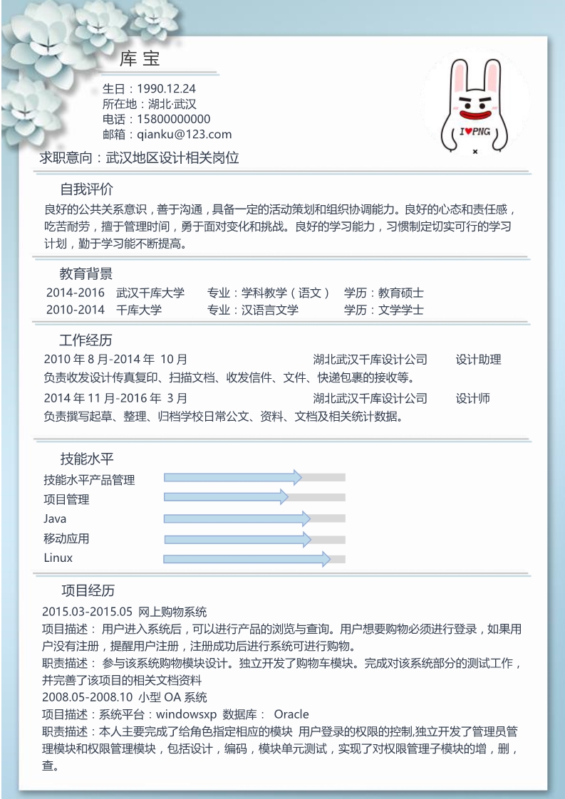 蓝色花朵创意求职简历word求职模板图片