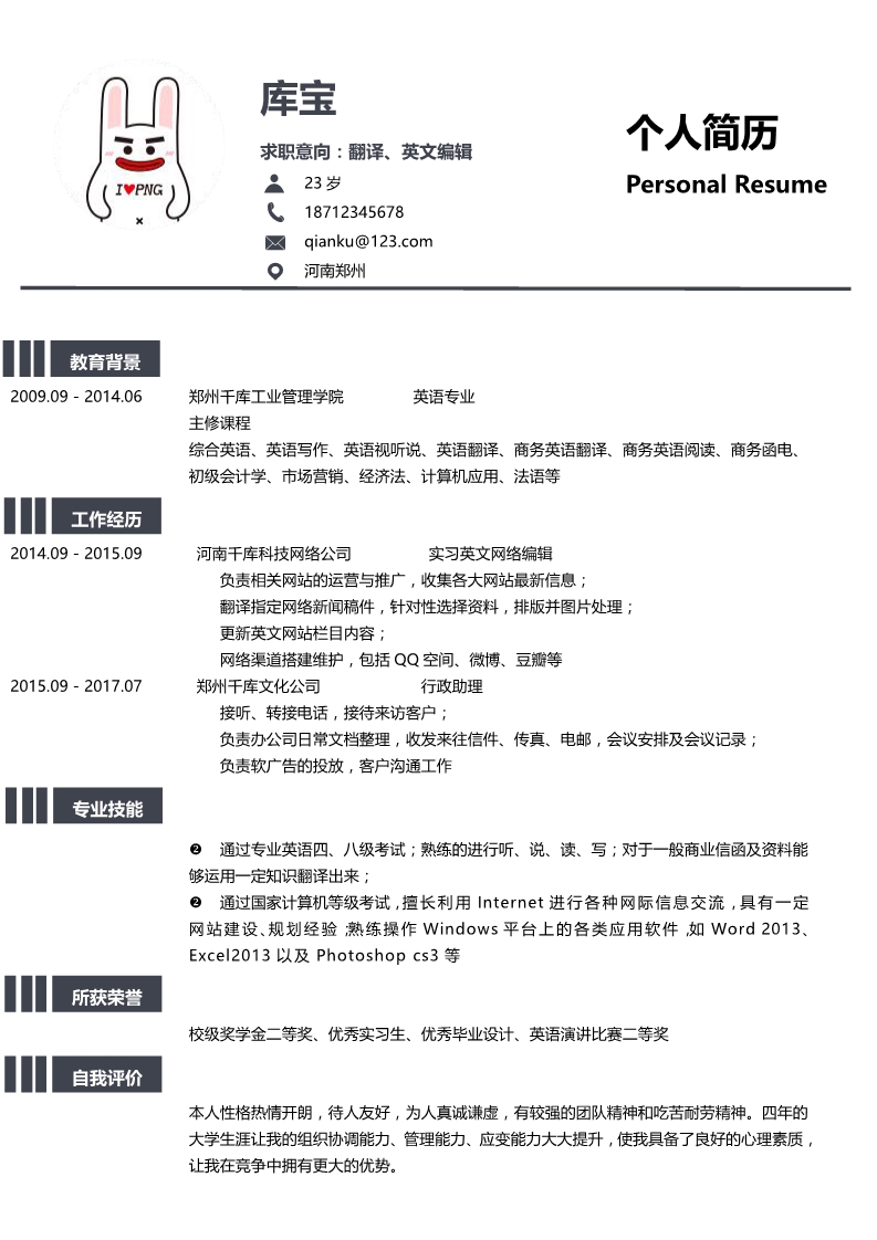 创意简约简历英语翻译简历模板图片