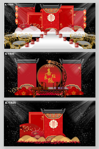 典雅墙海报模板_红色中式典雅复古宫墙样式婚礼效果图
