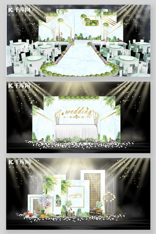 背景kt板海报模板_绿色植物多肉小清新大理石婚礼效果图