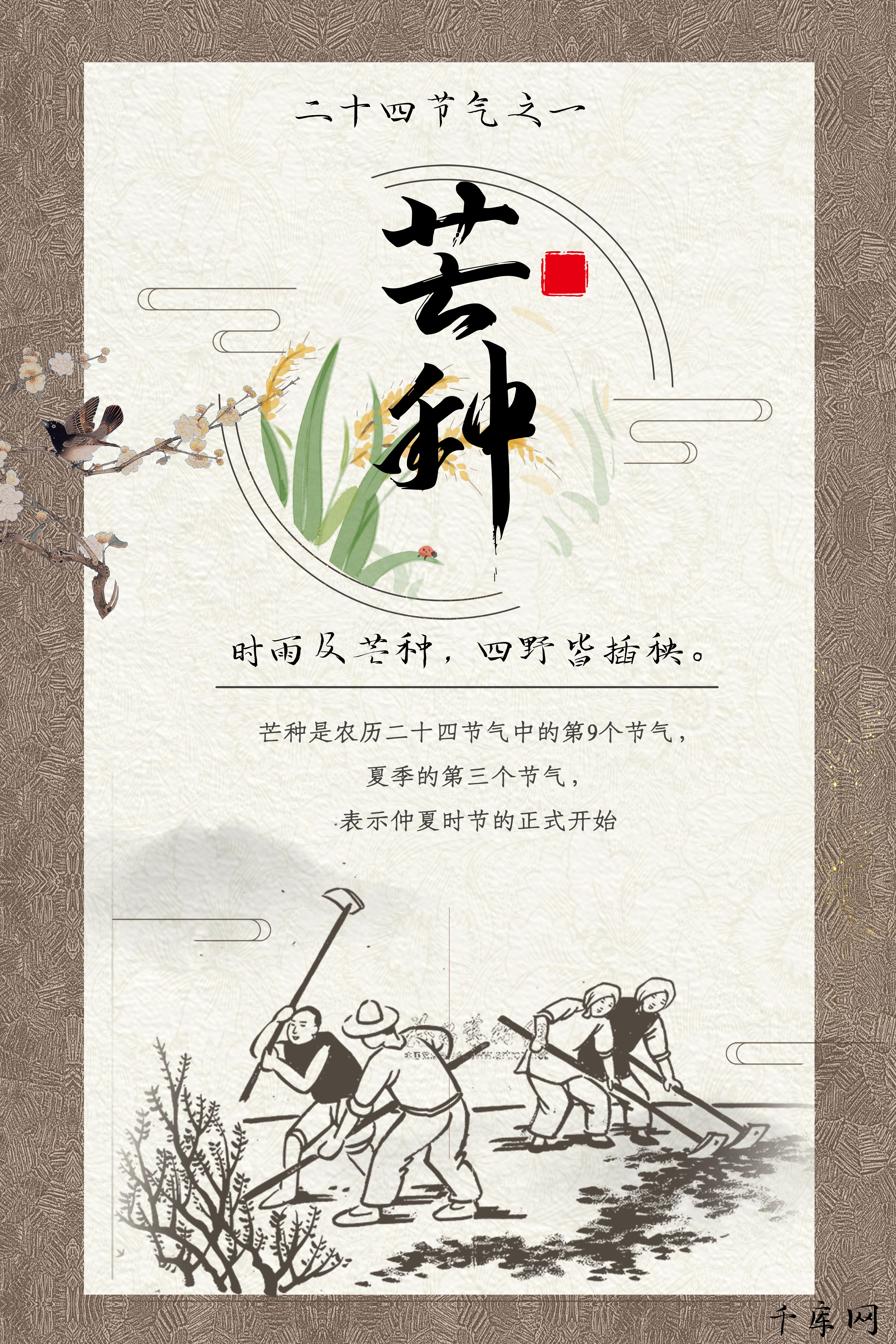 棕白色新式中国风古风芒种海报图片
