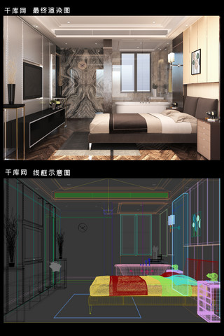 卧室现代海报模板_现代简约带洗手间卧室效果图