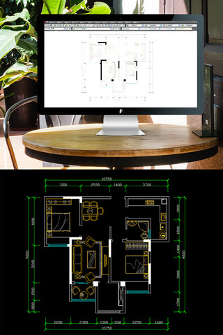 户型楼王海报模板_CAD两室两厅一卫户型图