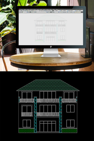 CAD独栋三层别墅正面外观图
