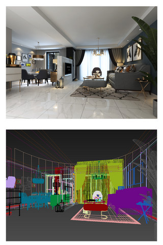 装修效果图设计海报模板_现代风格客餐厅效果图