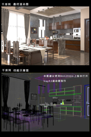 豪华大床海报模板_现代豪华装修厨房餐厅效果图