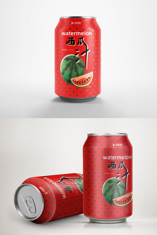西瓜果汁饮料红色易拉罐包装样机设计