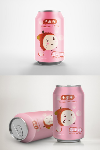 饮料包装海报模板_卡通粉色荔枝果汁饮料包装
