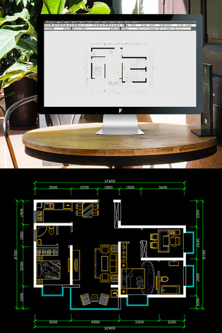室内图cad图海报模板_CAD三室两厅一厨两卫一阳台