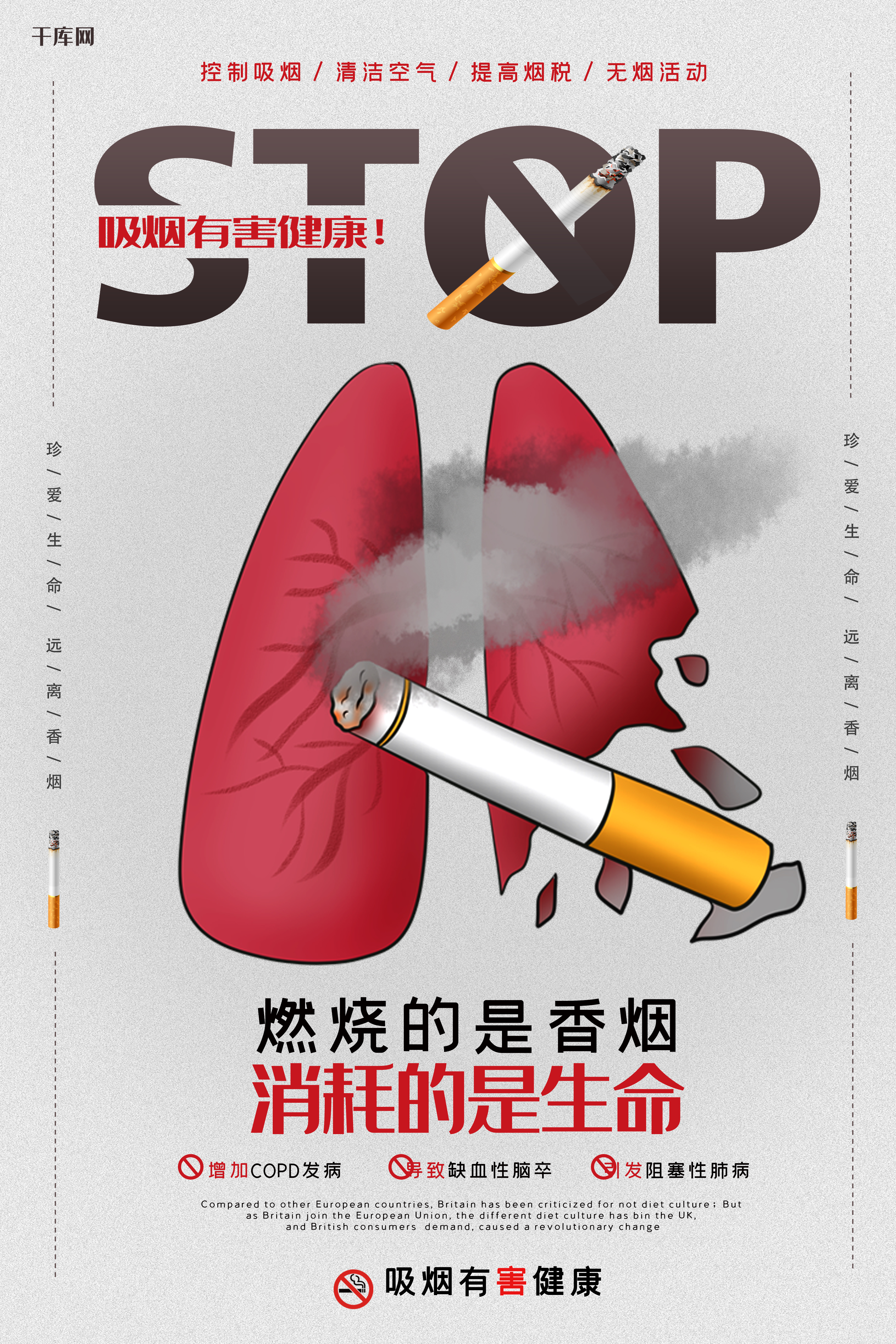 禁烟燃烧的香烟戒烟珍爱生命控烟无烟海报图片
