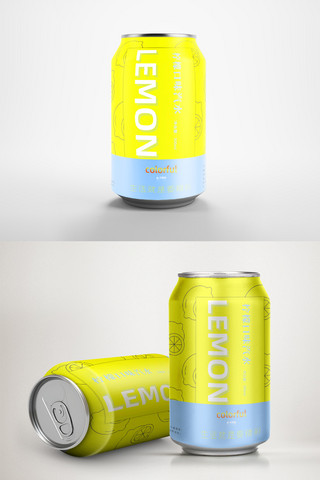 柠檬饮料饮料海报模板_柠檬黄色饮料创意易拉罐包装样机设计